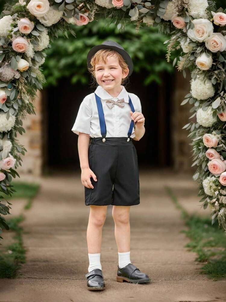 Young Boy Gentleman 2-Piece Set Short Sleeve Shirt + Suspender Shorts + Bow Tie Formal Elegant  Outfit For Birthday Party, Wedding, Christening, Anniversary