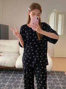 DAZY Allover Print Cute Pajama Set With  Face Prints - Khaki - View 5