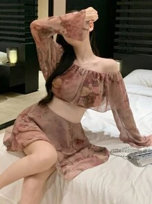 DAZY Women's Fashionable Ruffle Hem Allover Print Chiffon 2pcs Set