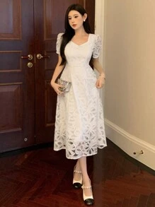 DAZY Váy dài ren họa tiết thanh lịch dành cho nữ, thích hợp cho tiệc thành phố, váy dạ hội mùa xuân/hè, váy cưới - trắng - Xem 3