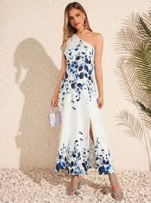 SHEIN Clasi Đầm maxi mùa hè thanh lịch dành cho nữ, kiểu dáng bất đối xứng, khoét vai, họa tiết hoa, xẻ tà cao, thích hợp cho đám cưới hoặc tiệc tùng. - Xanh và trắng - Xem 4