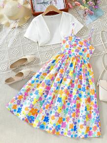 Vestido largo estilo camiseta con estampado de dopamina para niña preadolescente con un cardigan corto de unicolor - Multicolor - Ver 1