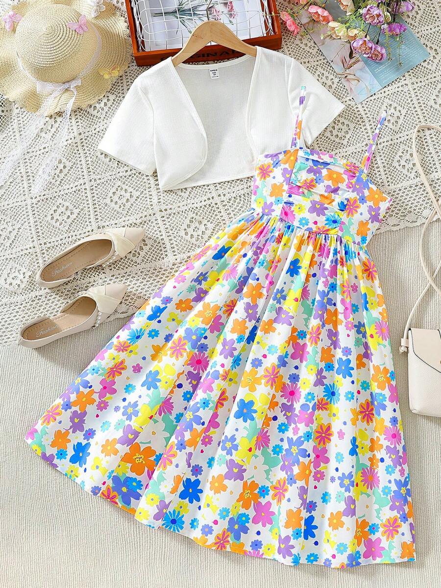 Vestido largo estilo camiseta con estampado de dopamina para niña preadolescente con un cardigan corto de unicolor - Multicolor - Ver 1