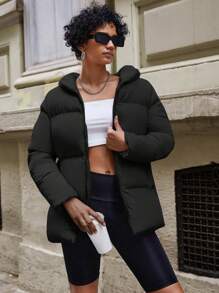 RueChic Zip Up Hooded Puffer Coat - Black - View 6