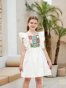 Tween Girls' Casual Academy Style Sweater Dress With Square Collar And Ruffled  Patterned Hemline