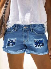 Women's Loose Straight Denim Shorts With Flower Patchwork And Turn-Up Hem Casual Vacation Summer - Medium Wash - View 1