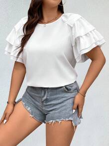 Franclia Camisa de mujer de talla grande, de unicolor y con manga de varias capas para el verano - Blanco - Ver 1