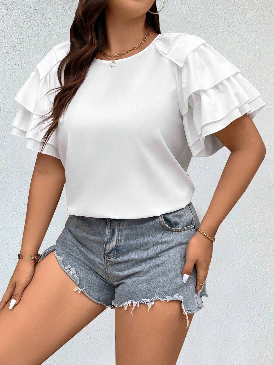 Franclia Camisa de mujer de talla grande, de unicolor y con manga de varias capas para el verano - Blanco - Ver 1