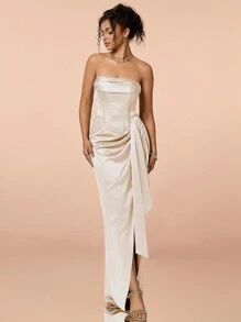 2026春夏无肩带缎面褶皱美人鱼礼服，荷叶边下摆高开衩，浪漫湖畔晚宴鸡尾酒会礼服，优雅适合舞会、婚礼、音乐节等场合。 - 香檳色 - 查看 5