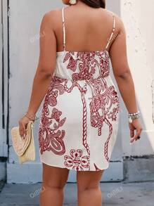 Plus Size Holiday Casual Random Printed Wrap Around Tie Neck Dress