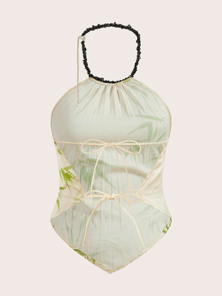 New Chinese Style Gemstone Necklace With Pendant Featuring Printed Bamboo Pattern And Pleated Design Women's Tank Top, Suitable For Music Festival, Valentine's Day And Date Night