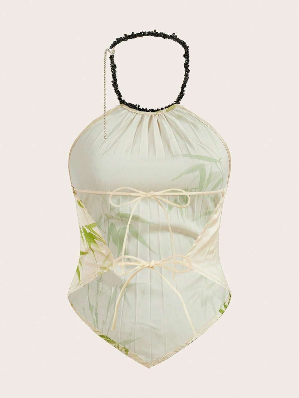 Women's Elegant Beige Summer Vacation Tank Top,New Chinese Style Printed Bamboo Pattern Pleated Design Gemstone Necklace Pendant For Date Night
