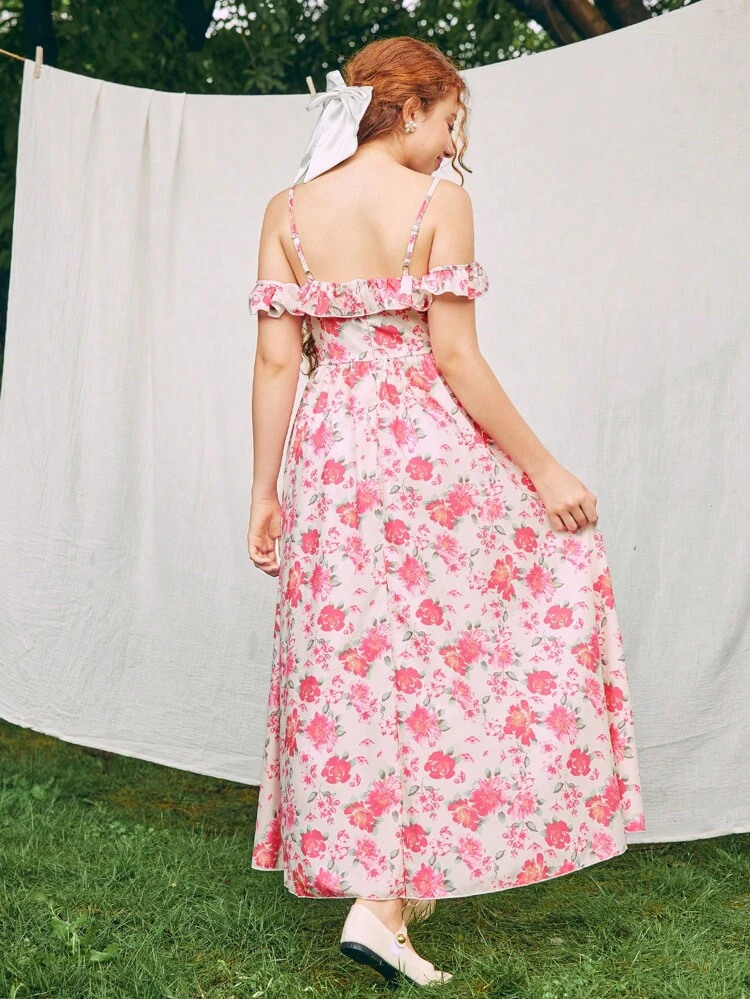 Teen Girl Casual Elegant Floral Off Shoulder Ruffle Hem Swing Dress For Holiday