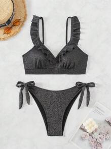 SHEIN Swim 女士蕾丝装饰肩带比基尼套装夏季海滩 - 黑色 - 查看 4