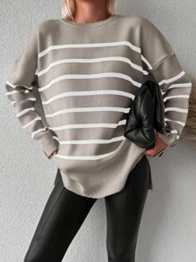 EURMUSE 女用條紋落肩寬鬆毛衣