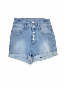 Women High Waist Elegant Button Front Denim Shorts - Blue - View 3