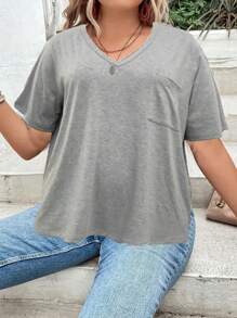SHEIN LUNE T-shirt décontracté grande taille pour femmes d'été unicolore en couleur avec poche à col en V et manches courtes