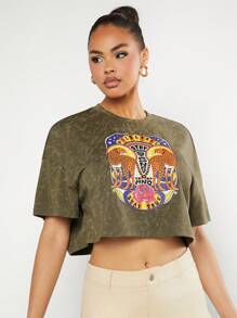 Denimoi 女士動物及字母印花短款t恤 - 綠色 - 查看 1