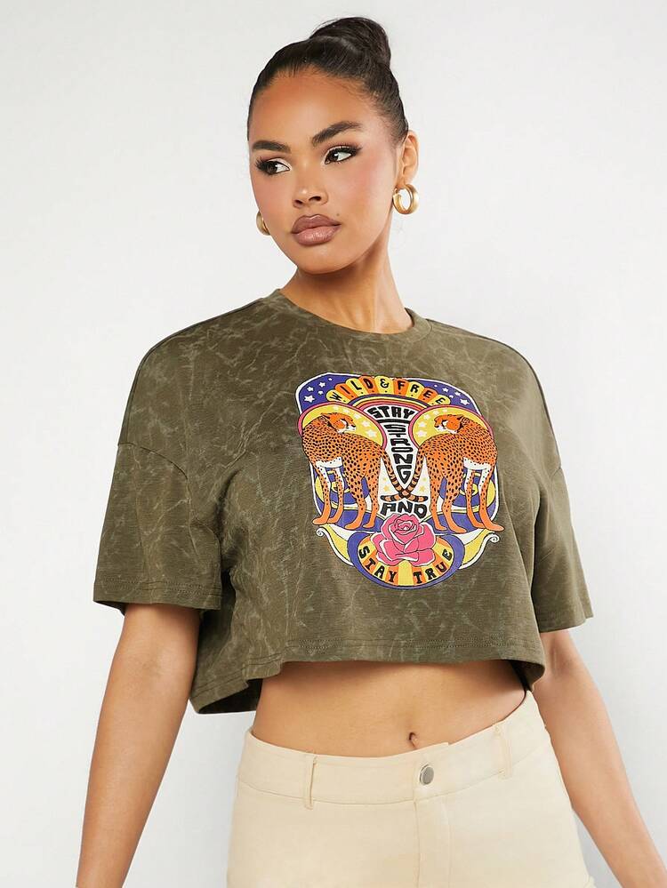 Women's Animal & Letter Print Cropped T-Shirt