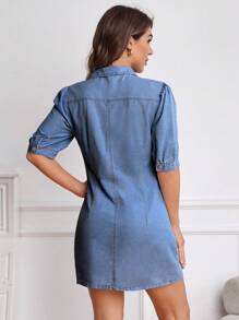 SHEIN Privé 女性夏季休閒前扣泡泡袖牛仔連衣裙 - 中等水洗藍 - 查看 2