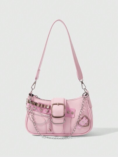 Kawaii New Sweet And Cool Women Shoulder Bag, Punk Motorcycle Bag With Chain Pendant, Cute Shoulder Bag, School Valentines