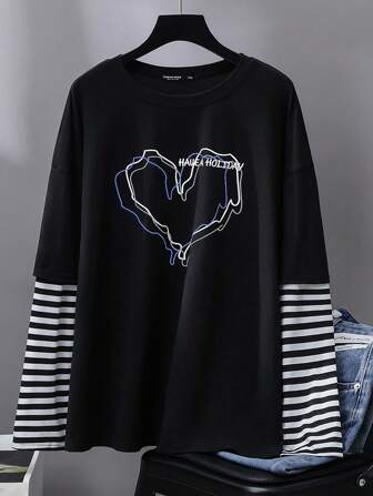 Mulvari Camiseta holgada de 2 en 1 con rayas y estampado gráfico con lema "HAVE A HOLIDAY" Camisetas gráficas para mujeres