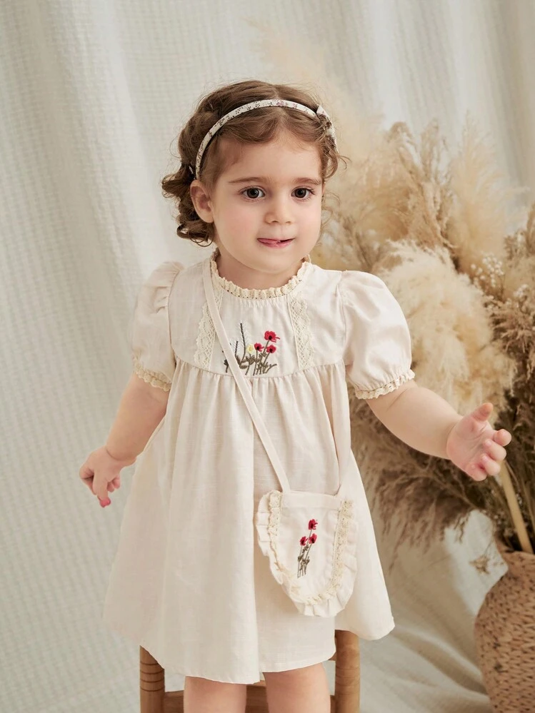 SHEIN Vintaside Kids Baby Girls Floral Embroidery Puff Sleeve Dress With Bag 2pcs Set SHEIN USA