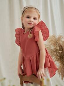 SHEIN 年轻女孩乡村风格不对称下摆亚麻舒适短袖 T 恤，圆领和荷叶边袖，非常适合夏季野餐和郊游