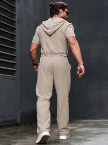 Manfinity Homme Men's Plain And Simple Short Sleeve Hooded Jumpsuit For Daily Wear - Camel - View 2