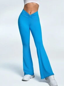 SHEIN Women's Solid Color V-Waist Slim Fit Sports Flared Pants - Blue - View 1