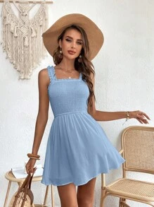 Soleia Vestido de vacaciones para mujeres de verano de unicolor con tirantes con volantes en el escote - Neblina azul - Ver 4