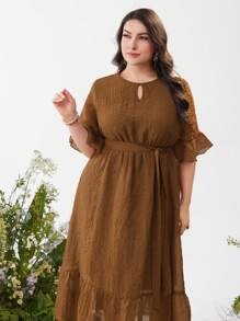 Mulvari Plus Size Solid Color Dress With Ruffled Hem And Waistband, Casual Summer - Brown - View 6