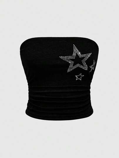 Grunge Punk Top senza spalline da donna con stampa nera a stelle e strass, adatto per il carnevale