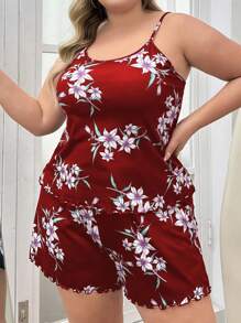 SHEIN Conjunto de pijama de tirantes de espagueti estampado en talla grande - Burdeos - Ver 5