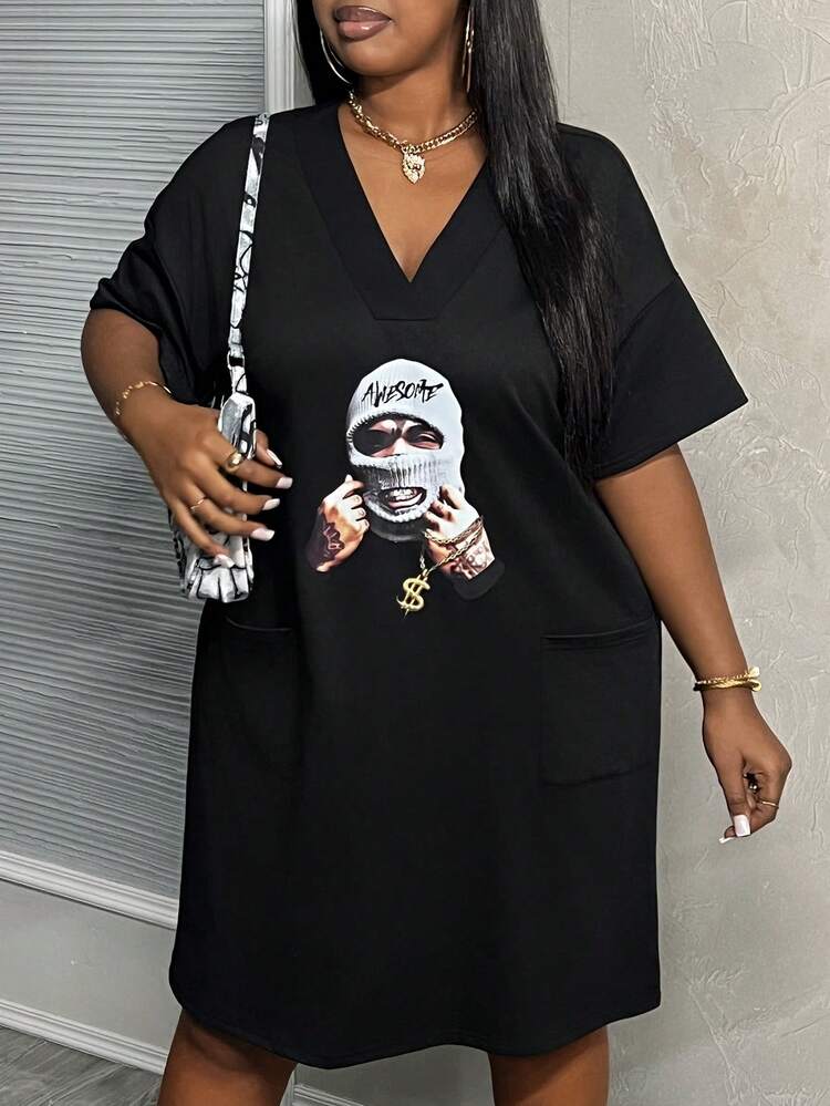 Plus Size Casual Loose Knitted Dress With Portrait Print, V-Neck, Summer Daily