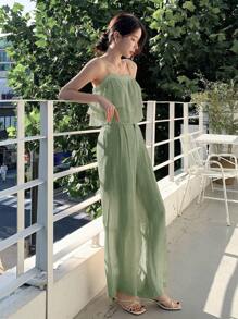 DAZY Bộ áo yếm và quần xếp ly mùa hè có viền bèo nhún, thường ngày - Màu xanh Bạc hà - Xem 3