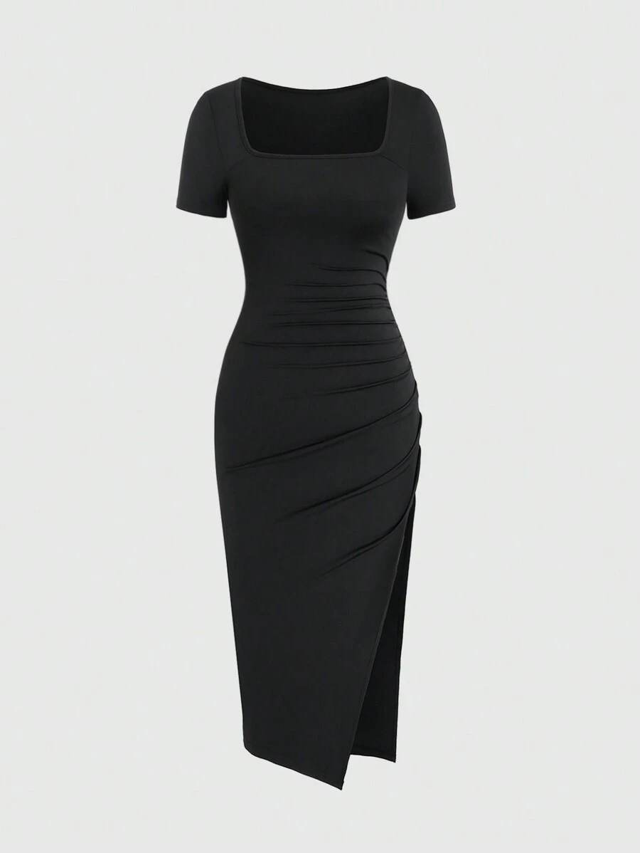 Sweetra 女士夏季纯色方领短袖修身优雅连衣裙，带褶皱、侧开衩和不对称下摆长款女装 - 黑色 - 查看 1