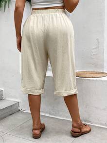 SHEIN LUNE Pantalones Capri de talla grande de unicolor, estilo de vacaciones, tejidos - Beis - Ver 2