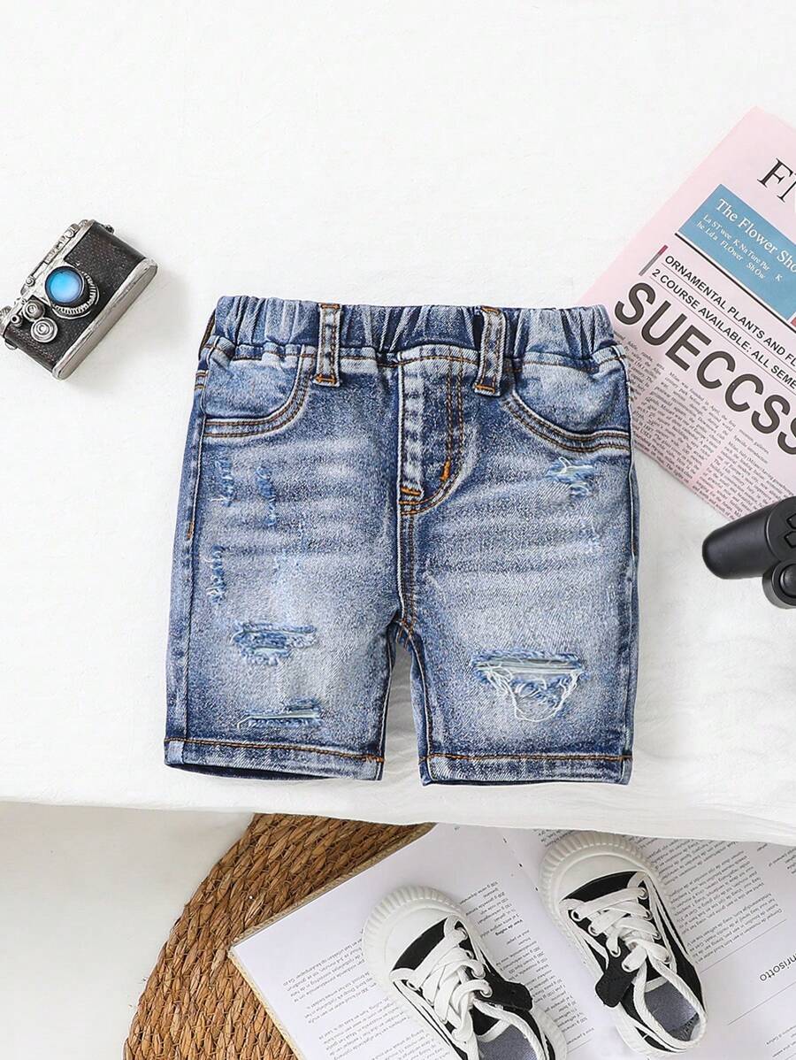 SHEIN Short en jean délavé, déchiré et décontracté avec haute élasticité pour bébé garçon, été - Jean bleu - Voir 1