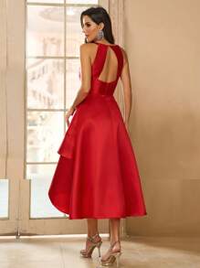 SHEIN Belle Elegant, Gorgeous, Simple And Stylish Women Glossy Satin Red Backless A-Line Asymmetric Hem Dress, Suitable For Vacation, Back To School Season, Graduation, Dancing Party, Afternoon Tea, Gathering And Cocktail Party., Wedding Guest Dress - Red - View 7