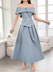 Modelyn 女士露肩双排扣上衣和裙子两件套，简约风格两件套 - 綠色 - 查看 7