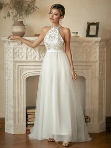 Halter Neck Contrast Sequin Mesh Wedding Dress - White - View 5