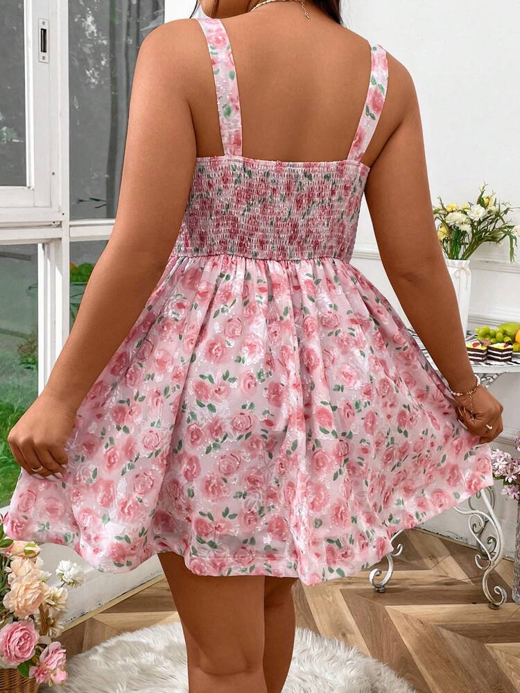 Plus Size Summer Rose Printed Ladylike Boned Dress