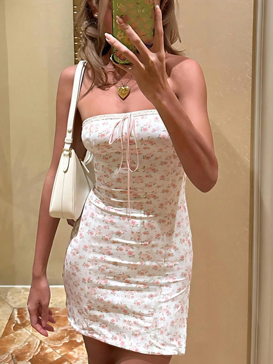 女士夏季花卉印花性感無肩無袖連衣裙 - 粉色 - 查看 1