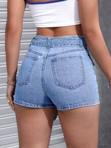 SHEIN EZwear 女款休閒牛仔裙，腰部打結設計，無對稱下擺 - 中等水洗藍 - 查看 3