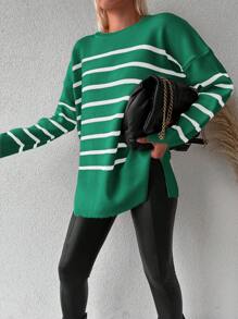 EURMUSE Gestreifter Loose-Fit-Pullover für Damen, Drop-Shoulder