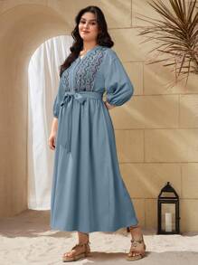 Mulvari Plus Size Bohemian Style V-Neck Belted Dress For Summer - Blue - View 8
