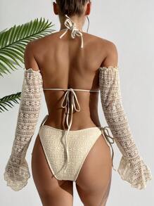 SHEIN Swim 女士純色露背領結性感比基尼套裝，配有相應的袖套，3件套，適用於夏季海灘 - 杏色 - 查看 2