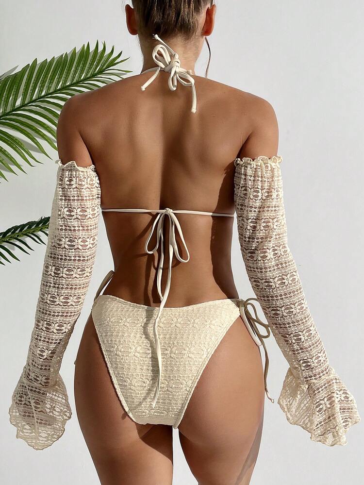 Ladies Solid Color Halter Neck Tie Sexy Bikini Set, With Matching Sleeve Cover, 3pcs,Summer Beach