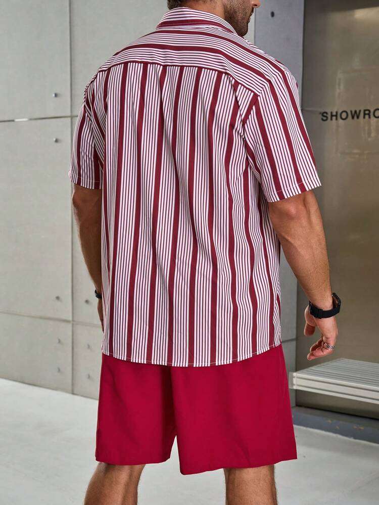 Men's Plus Size Striped Printed Short-Sleeved Shirt With Front Buttons And Solid Color Shorts With Pockets, Casual Summer 2pcs Outfit
